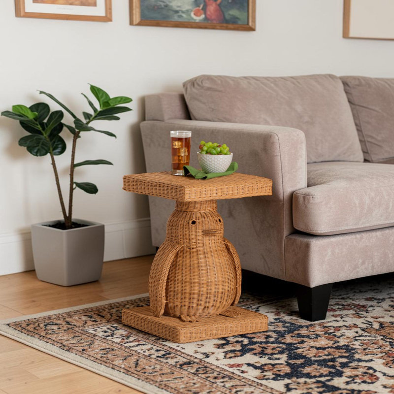 Andrius Handwoven Rattan Penguin-Shaped Sculptural Side Table With Solid Platform Base