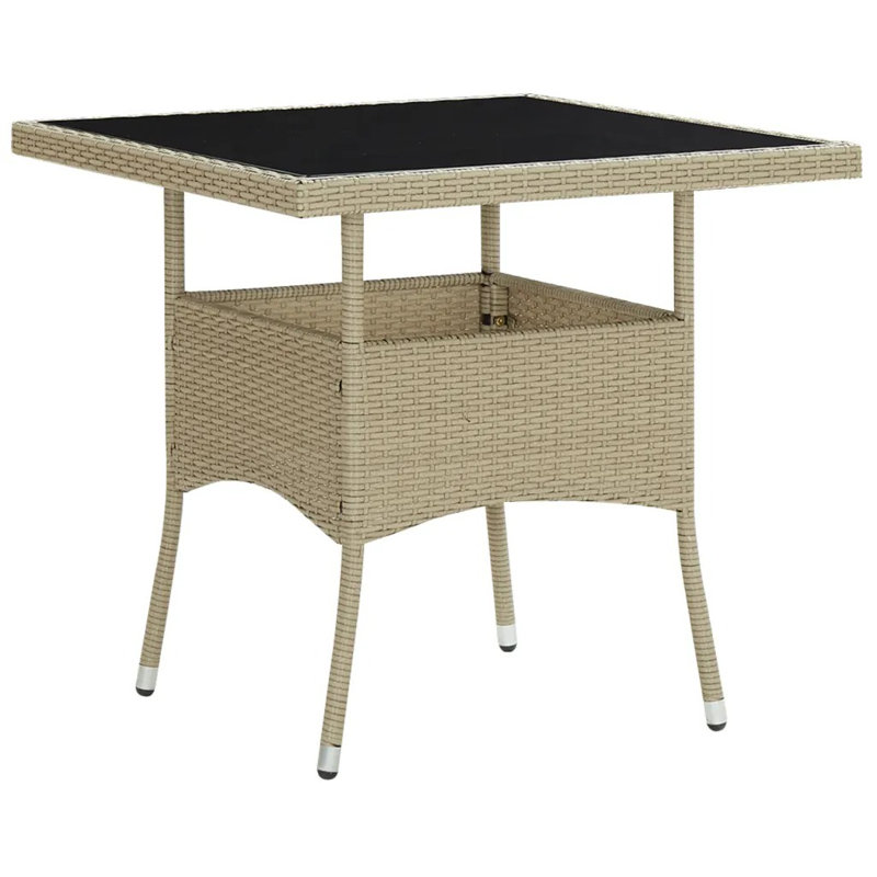 vidaXL Outdoor Dining Table Garden Porch Patio Table with Glass Top PE Rattan, Beige