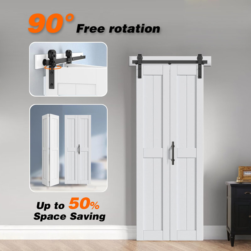 Porte de grange double pliante coulissante en MDF blanc S&Z TopHand® avec trousse de quincaillerie et poignée solide, panneau de fibres à densité moyenne avec porte en PVC imperméable, aucun assemblage requis
