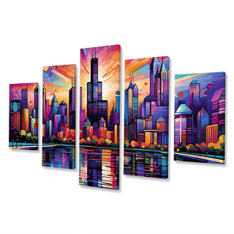 Pop Art Chicago Cityscape I - art mural sur toile Cityscapes - 5 panneaux