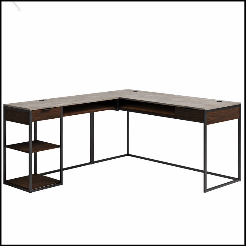 Bureau spacieux en forme de L avec bibliothèque à cinq tablettes, idéal pour le bureau à domicile et le bureau, maximisant l'espace de travail et le rangement.