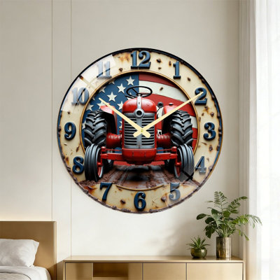 Tractor American Flag Rustic Clock Design Art - 24‘’ Modern Glass Wall Clock