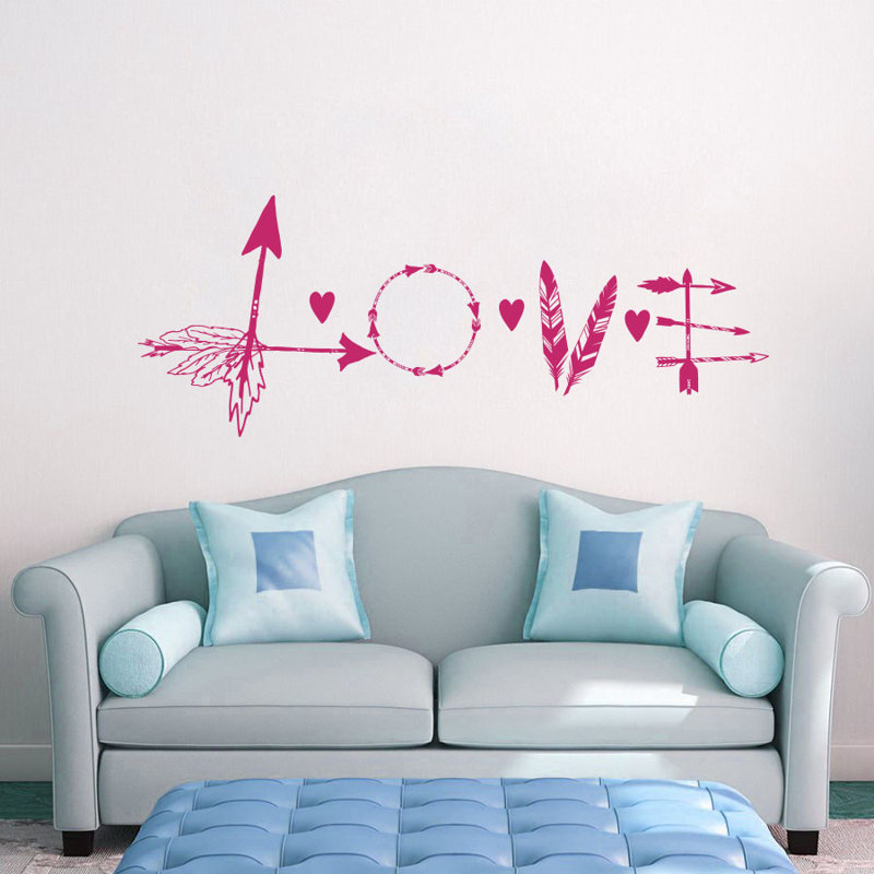 Décalcomanie murale flèche en plumes love, Rose vif