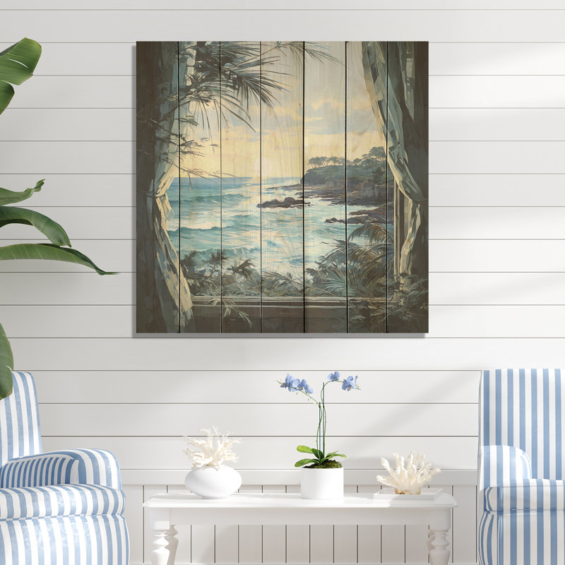 Tranquility Beach Windows Horizon V - Coastal Windows On Wood Print, 30" H x 30" W