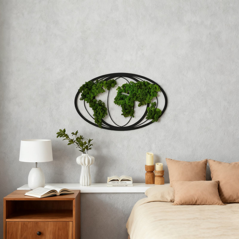Décoration murale en métal 1pc Moss World Map | Décoration murale en fer vert, 32 x 21 x 0,30 po, conception exquise en forme de terre + mousse préservée luxuriante, ambiance tranquille pour la maison / bureau