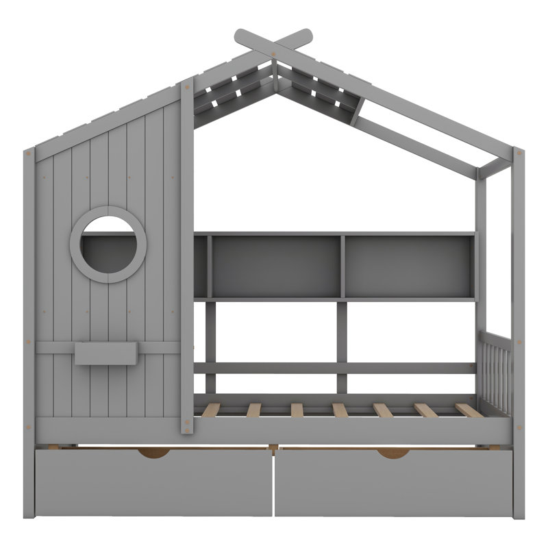 Lit en bois avec tiroirs et tablette de rangement, Gris, Lit simple