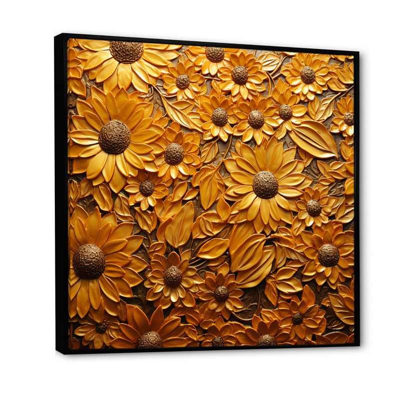 Tournesol doré rayonnant sur toile, H 30 po x l 30 po x P 1 po, Cadre flottant noir