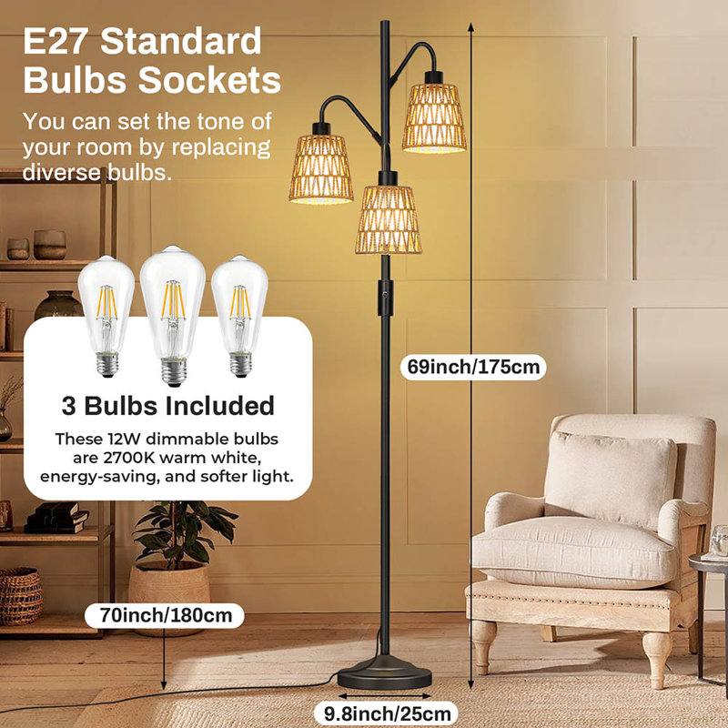 Dimmable 3-Light Floor Lamp, 69-Inch Tall Industrial Farmhouse Standing Lamp with Rattan Shades, Modern Rustic Tree Lamp for Living Room, Bedroom, Office