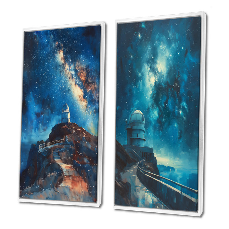 Bleu et blanc, étoile, station, observatoire I - ensemble d'art mural 2 pièces, H 32 po x l 32 po, Impression encadrée, Blanc