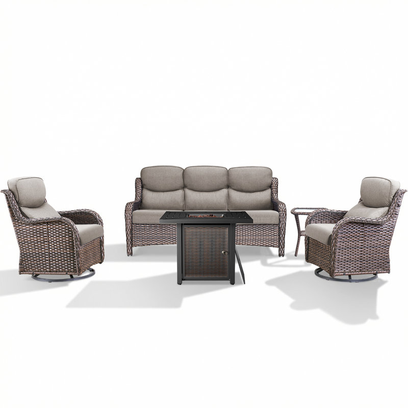 Anner 5-Piece All Weather Outdoor Wicker Patio Conversation Set With Square Metal Fire Pit Table, Swivel Gliders And Side Table