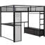 Lit mezzanine en métal pleine grandeur avec DEL, bureau, garde-robe ouverte et 3 tiroirs de rangement - garde-corps en maille pour lin noir