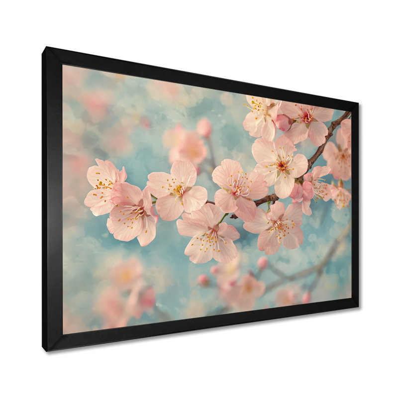 Fleur de cerisier rose, arrivée de printemps - décoration murale fleur de cerisier, Cadre simple, Noir, H 12 po x l 20 po