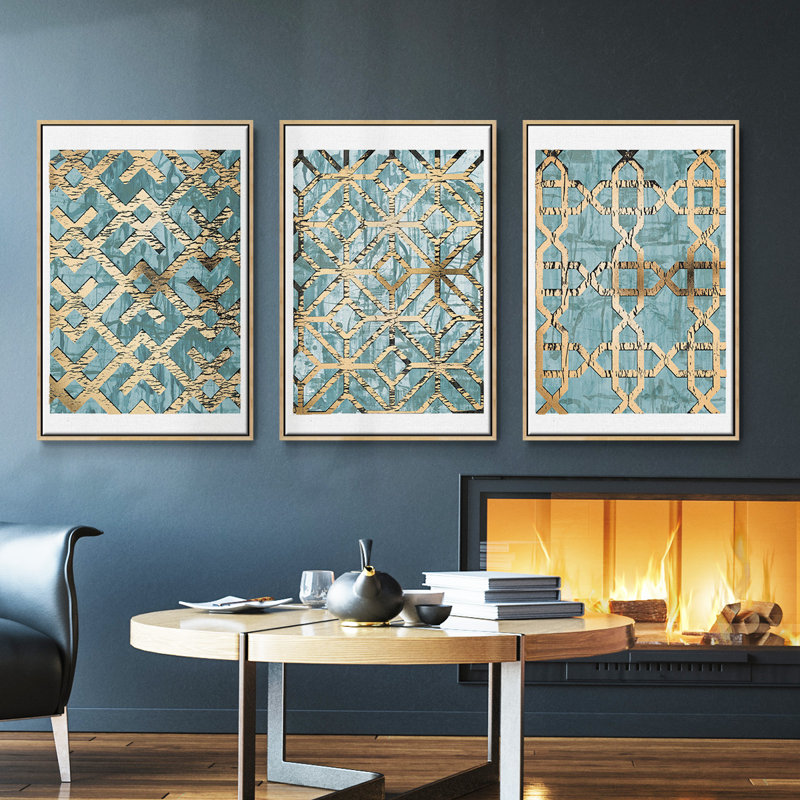 Gilded Geometrics I - Ensemble de 3 reproductions encadrées sur toile, Bois naturel, H 40 po x l 78 po
