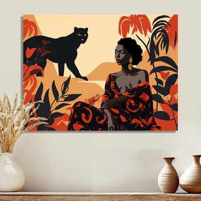Rétro femme africaine avec panthère botanique - art mural africain