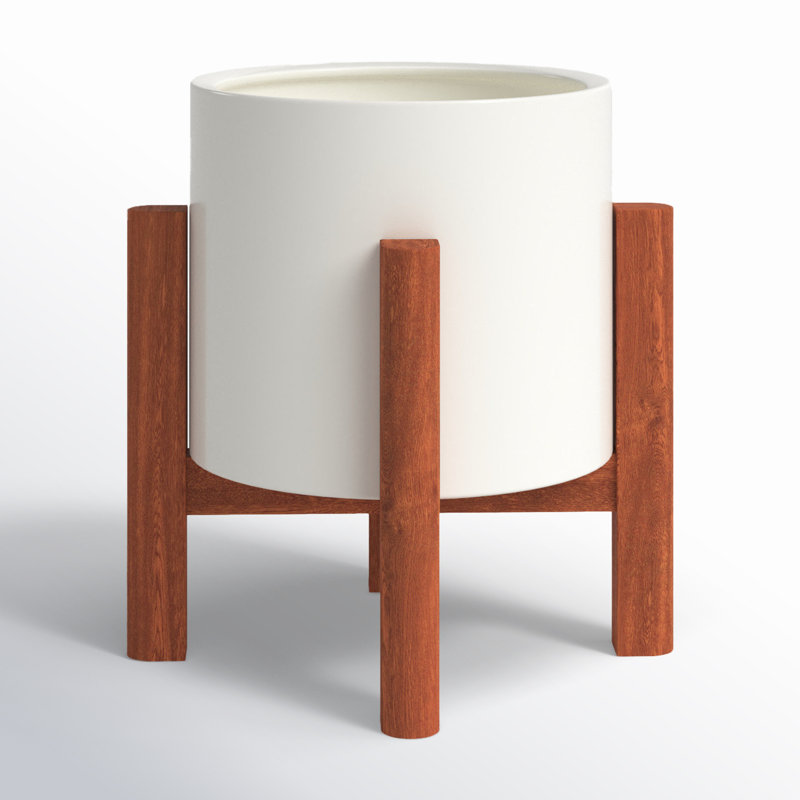 Finnegan Handmade Pot Planter, White/Walnut