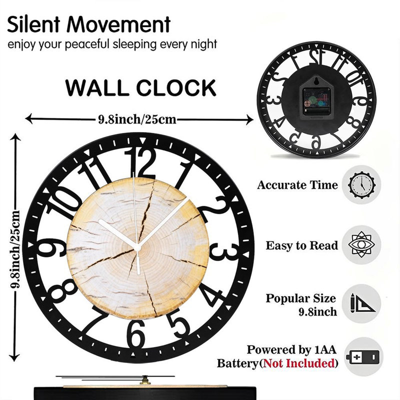 Horloge murale ronde en fer 10 po avec mouvement à quartz silencieux, chiffres arabes, impression UV, Bouleau