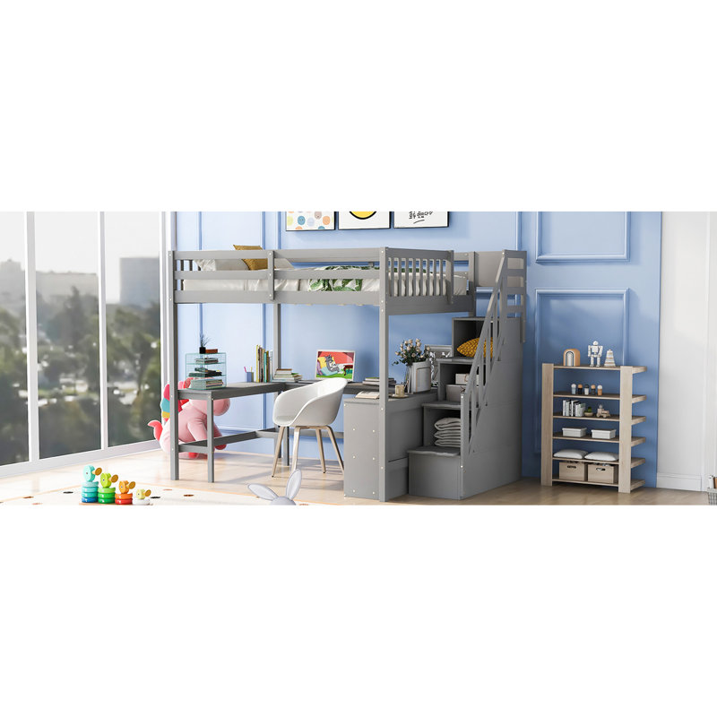 Lit mezzanine double gris avec bureau intégré et escalier - choix pratique de la chambre à coucher sur trois tablettes, Gris