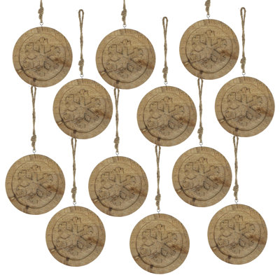 6 Inch Wooden Hanging Snowflake Ornaments Set Of 12 Natural Mango Wood Christmas Tree Decorations With Jute Hangers
