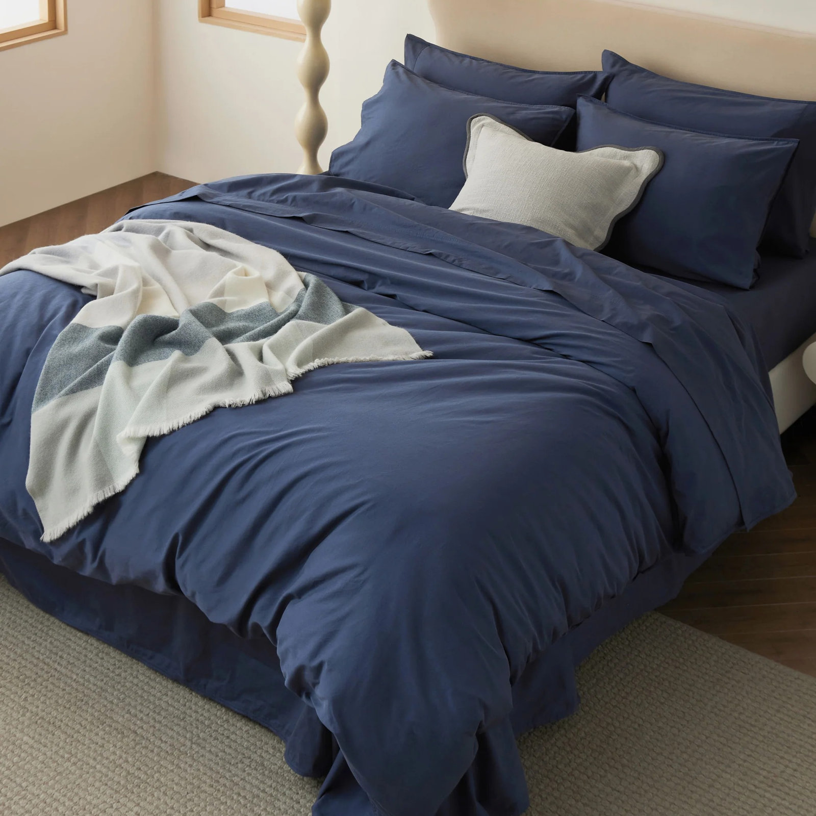Double Stitch Cotton Duvet Cover Set, King Duvet Cover + 2 Pillow Shams, Navy