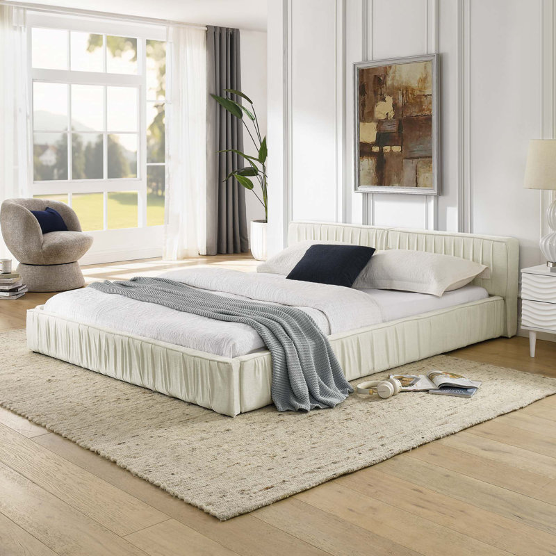 Structure de lit tapissier grand avec tissu chenille, Beige
