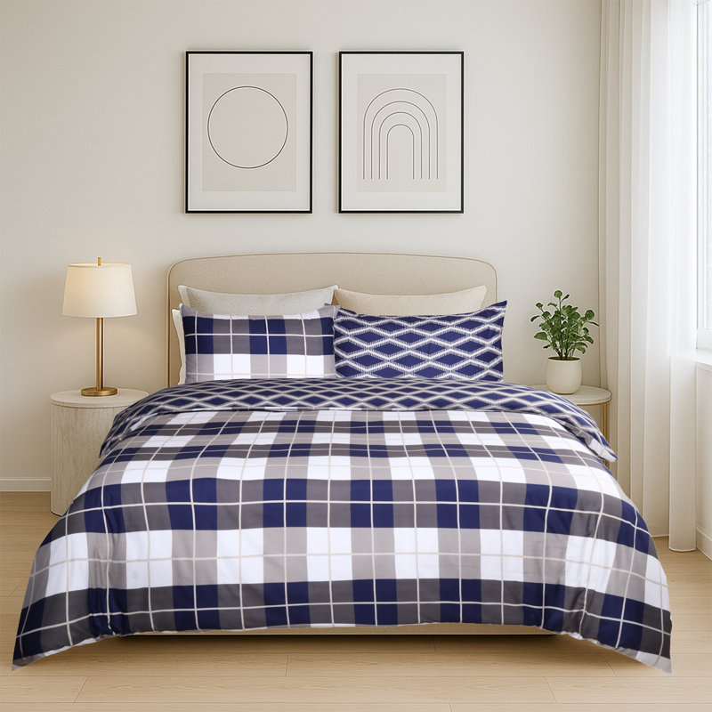 Haffa Microfiber Duvet Cover Set with Pillowcases, Navy Check, Single Duvet Cover + 1 Standard Pillowcase