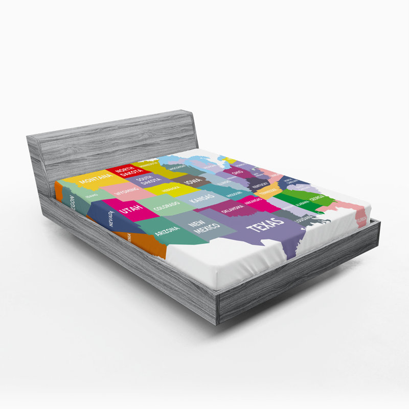 Ambesonne Map Fitted Sheet 2-Pack USA Map Colorful States Multicolor, Queen Fitted Sheet