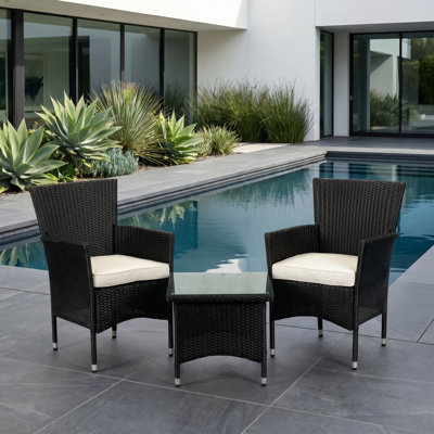 Ensemble bistro 3 pièces en osier noir avec coussins et table en verre trempé, ensemble de conversation en rotin pour balcon, patio, jardin, porche, conception peu encombrante