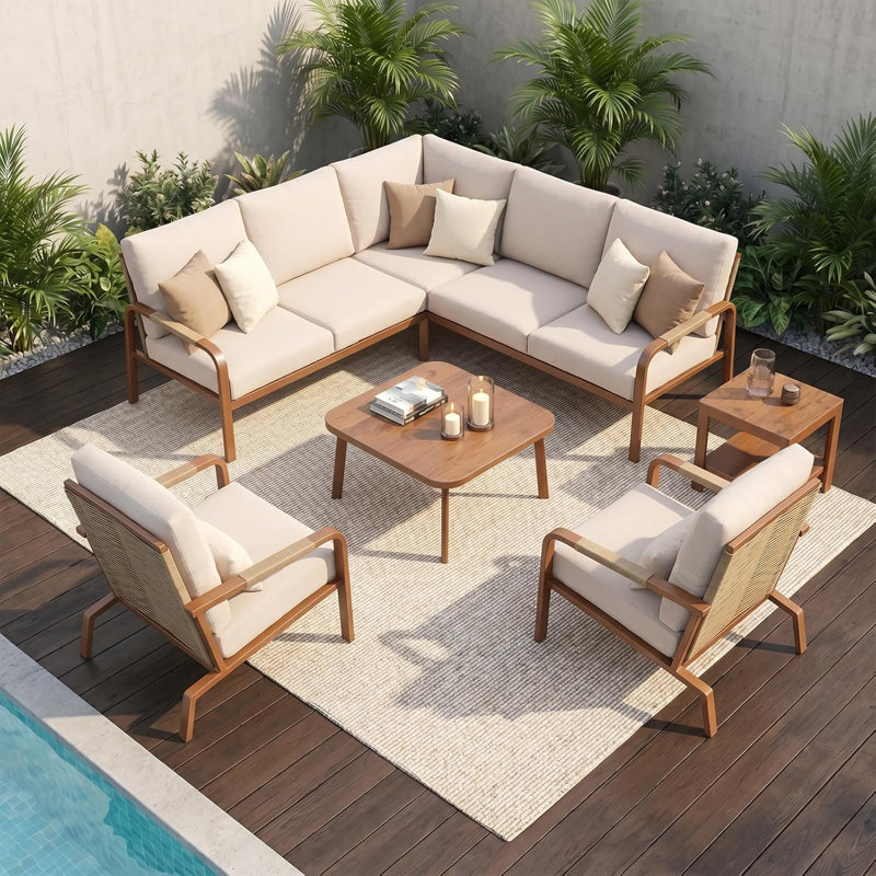 Ensemble de conversation de patio en aluminium en forme de L, 5 pièces, avec table basse et table d'appoint, coussins beiges résistants aux intempéries, pour terrasse ou porche de jardin, beige