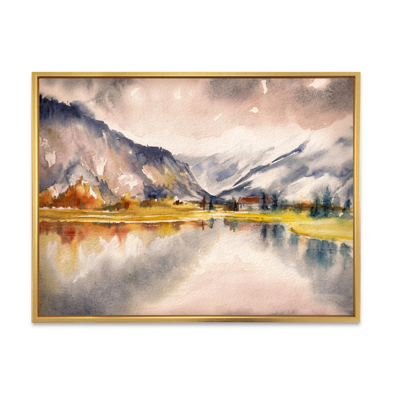 Paysage d'automne avec le ciel reflété sur le lac - Peinture sur toile, H 16 po x l 32 po, Cadre flottant doré