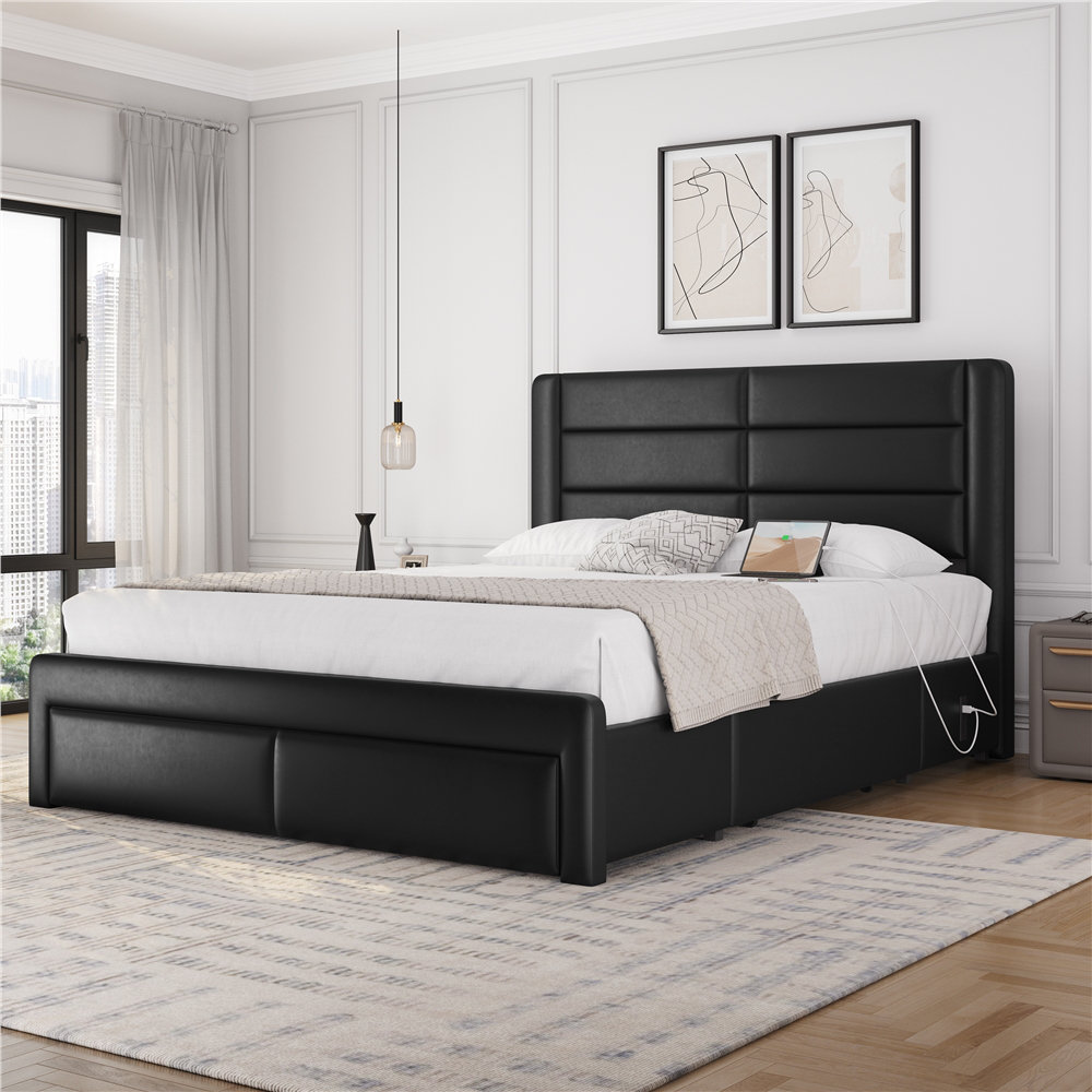 Avelle Vegan Leather Metal Platform Storage Bed with 3 Storage Drawers and Built-In USB Ports