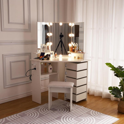 Corner Makeup Vanity Desk With Lights, Power Outlet, And Rotating Drawers-3 Color Lighting, Adjustable Brightness