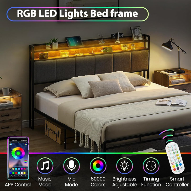 Bed Frame With Headboard, USB & Type-C Charging Station, Queen