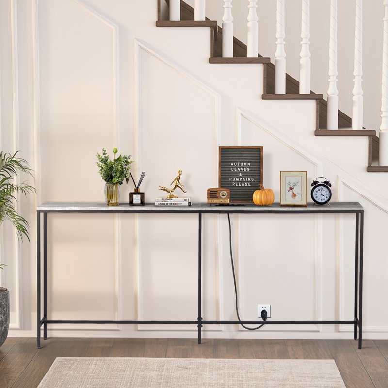 70.9'' Narrow  Long Rustic Grey Entryway Table for Behind the Living Room Sofa with 2 Power Outlets and USB Ports, Grey Wood