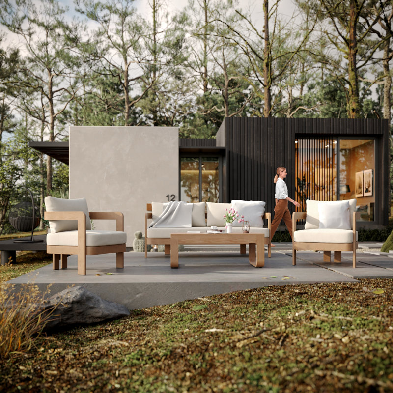 Assembly Free Sofa, Quick Assembly Coffee Table,Outdoor Aluminum Sofa Set,  5 Person Outdoor Seating Sofa, Wood Grain Veneer Sofa Set for Patio