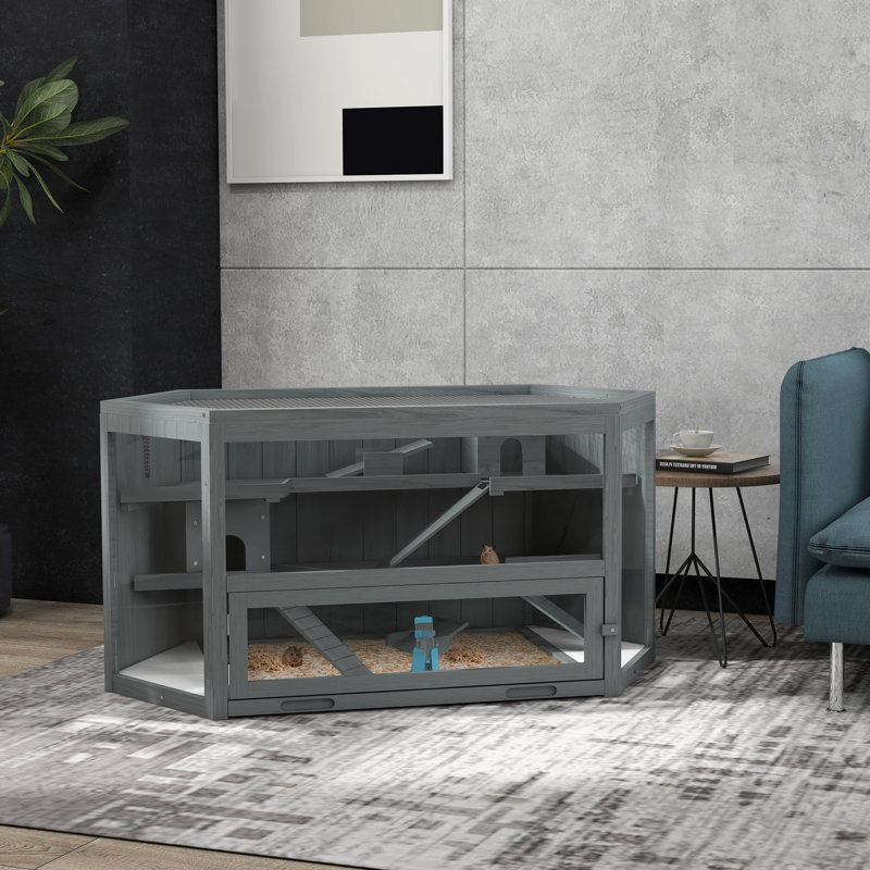 Grande cage à hamster en bois à 3 niveaux - avec bascules, bouteille d'eau, centre d'activités, gris