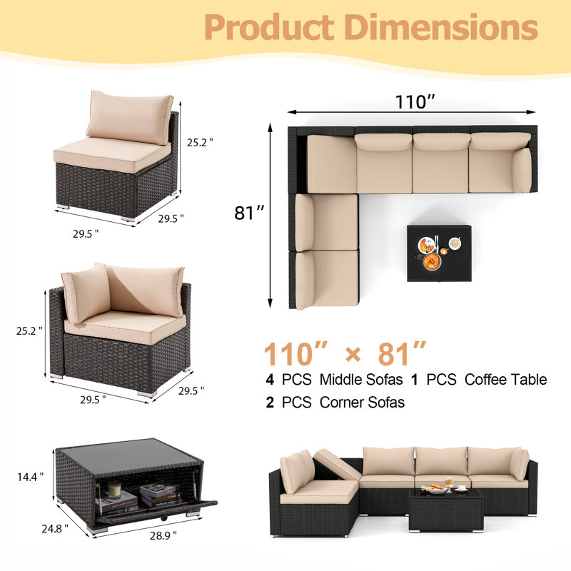 Quadreka 6 Pieces Outdoor Couch Set Furniture with Coffee Table, Beige