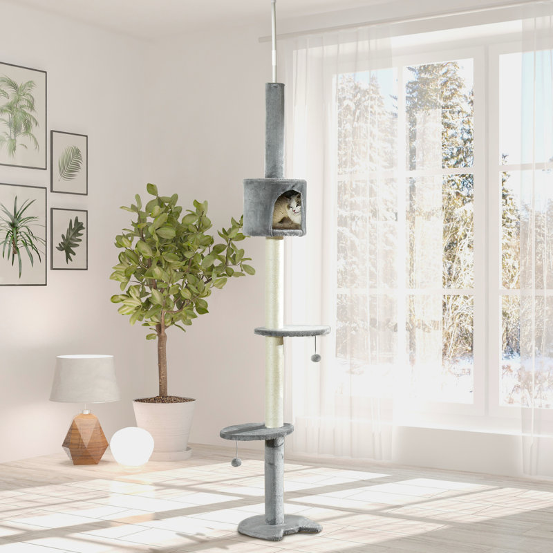 Tour pour chat 85,5 po - Centre d'activités pour 4 escalades. Grattoir, boules suspendues. Stable et confortable. Gris. Pour chats de moins de 10 lb, réglable en hauteur avec système de sécurité.