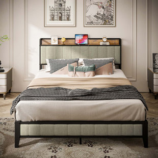 Bed Frame With Charging Station, Upholstered Headboard, Metal Platform