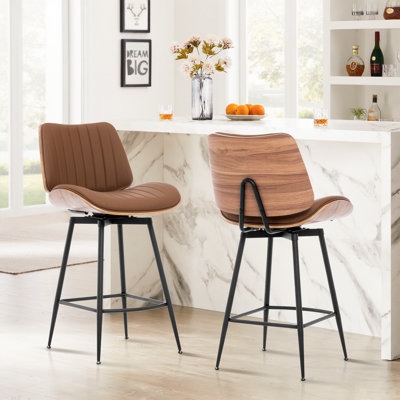 Chelsea Walnut Bentwood & Faux Leather Swivel Bar Stool with Metal Legs and Footrest
