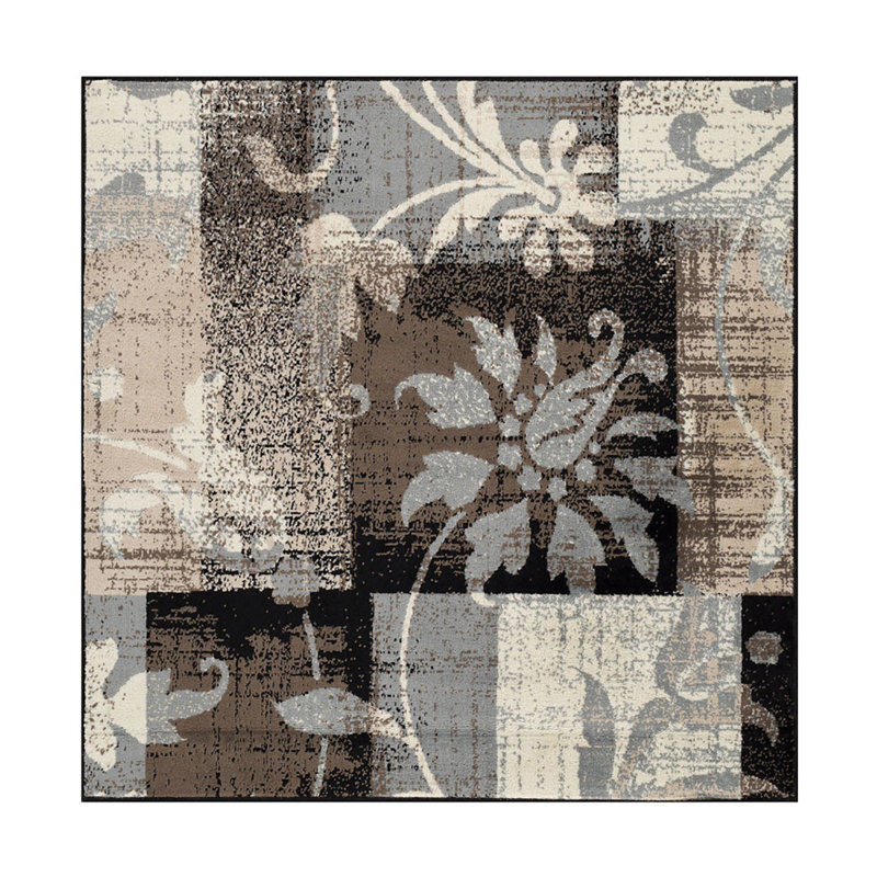 Tapis beige, brun et gris à motif floral Eymundur, Carré 8 pi