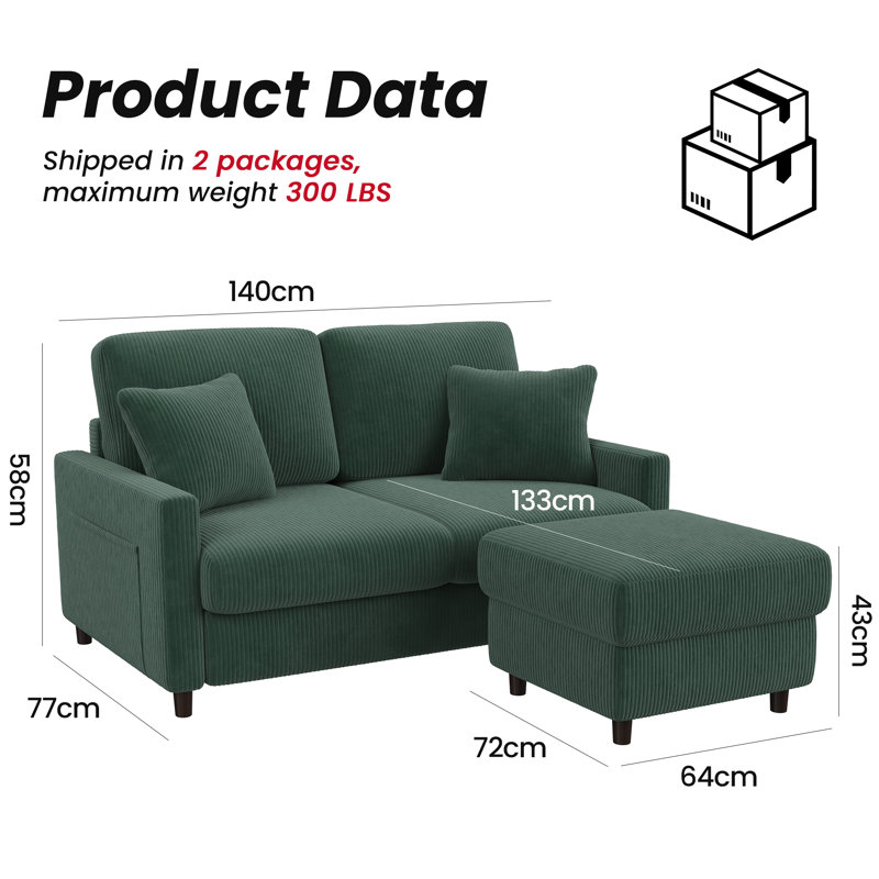 2 Seater Sofa, Green Corduroy