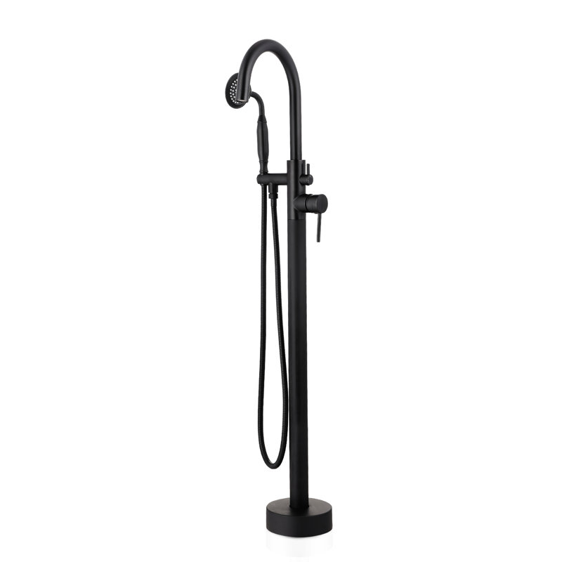 Matte Black Tub Faucet With Floor Mount - Round Knob For Water Diversion Freestanding Bathtub Filler In Rough-In Valve Included Hassle- Setup