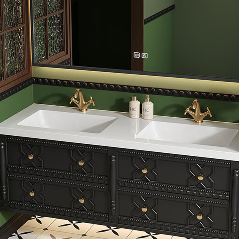 Armoire de salle de bain double vasque de style rétro français, H 21,65 po x l 59,06 po x P 21,65 po