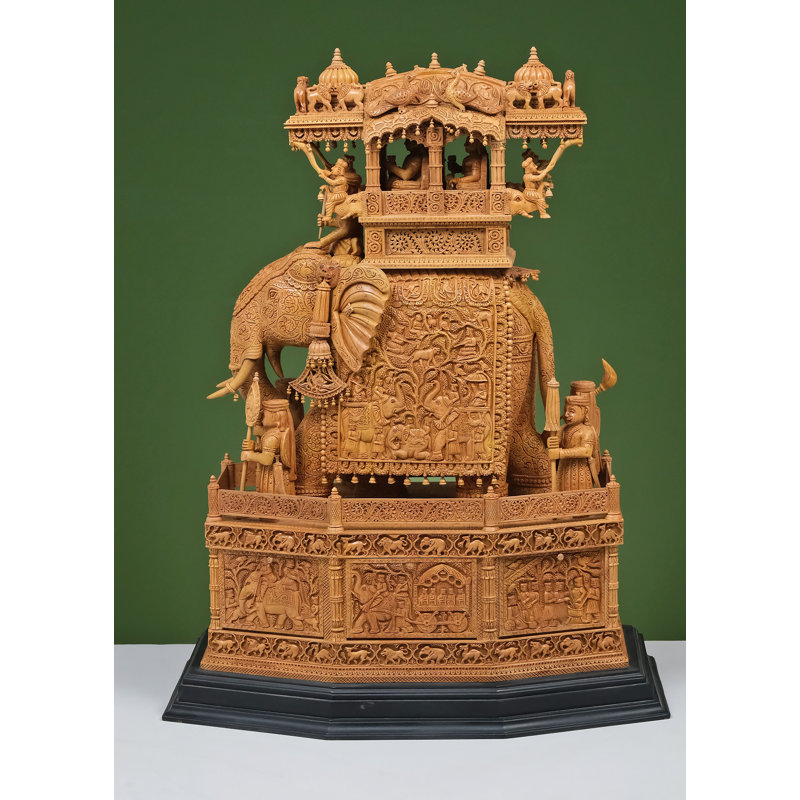 26" Large Wooden Elephant Statue Showpiece Ambari - Hand Carved Rajasthan Royal Procession for Living Room Floor Decor