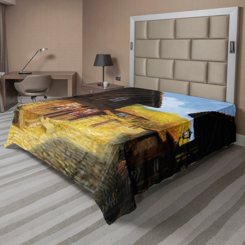 Ambesonne, drap plat à dessus plat, maisons en bois brun automne bleu, Drap plat très grand