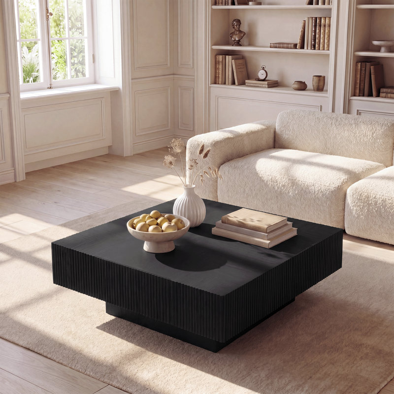 Table basse carrée en bois massif de 80 cm (31,5 pouces) avec 2 tiroirs, design cannelé artisanal, Noir