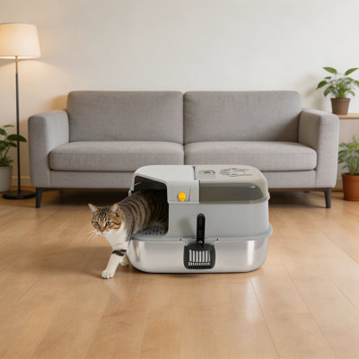 Bac à litière convertible 3 en 1 pour chat, grand format, en acier inoxydable.