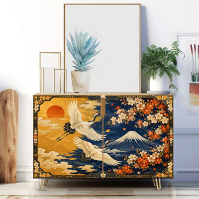 Narrow 35.4'' Wide Sideboard Buffet Cabinet - 2-Door Accent Storage Cabinet With Japanese Cranes Cherry Blossoms Mount Traditional Art Style Print And Metal Legs