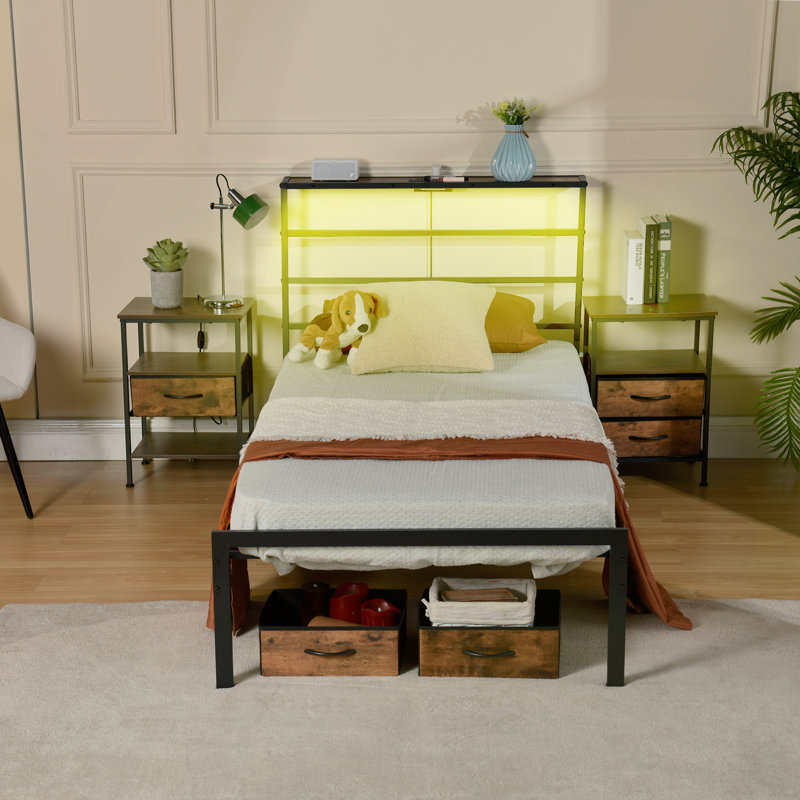 Structure de lit en métal Sigle, sommier simple avec sommier et base de lit avec tête de lit, rangement sous le lit et station de charge