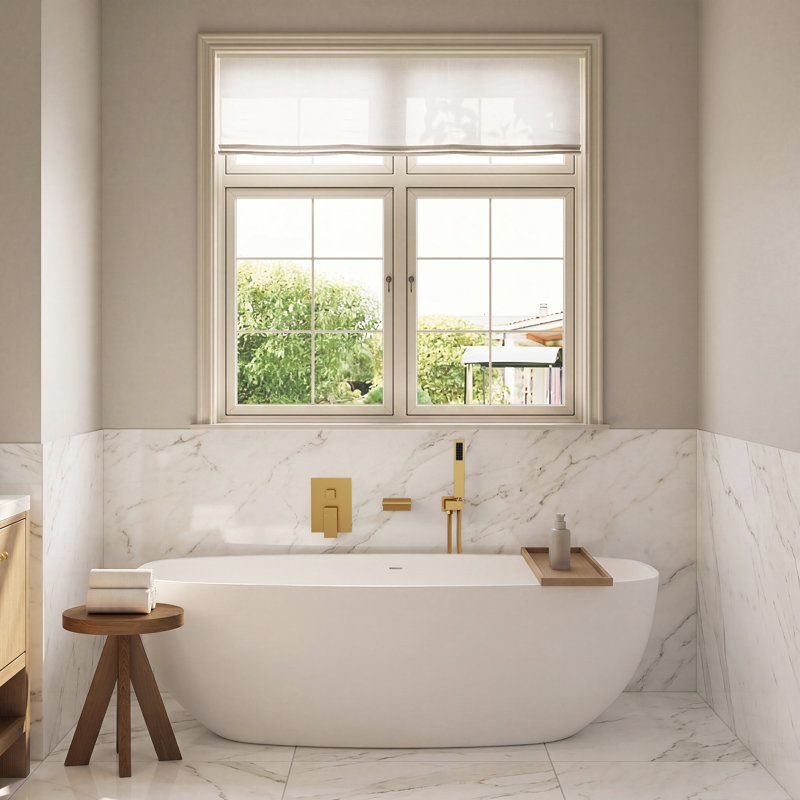 Wall-Mount Waterfall Bathtub Faucet with Hand Shower and Pressure-Balancing Valve by EVERSTEIN, Brushed Gold